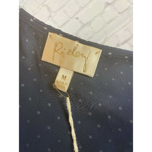 RIELEY NWT blue white stars polka dot silk top tunic mini dress sleeveless M - Picture 6 of 9